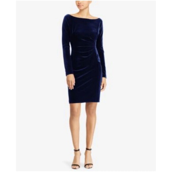 Ralph Lauren women's Blue Velvet Midi Cocktail Dress - size  12 - retail $195 - Picture 1 of 8